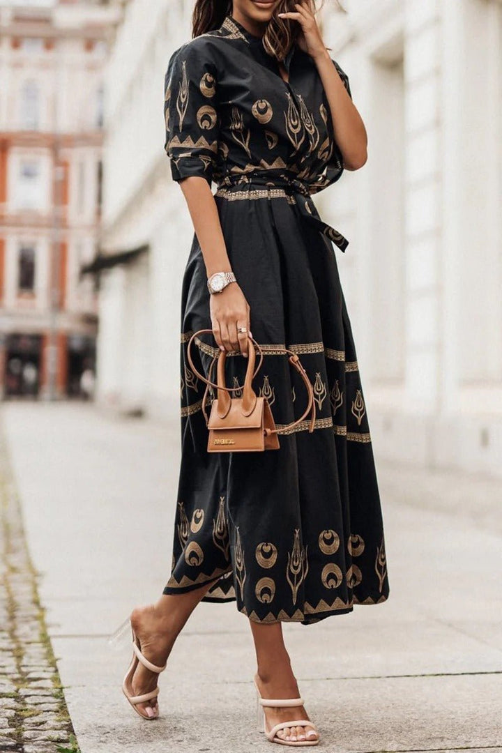 Women's geometric print belted midi cocktail dress with mock neck & 3/4 sleeves. Elegant party & day-to-night wear.