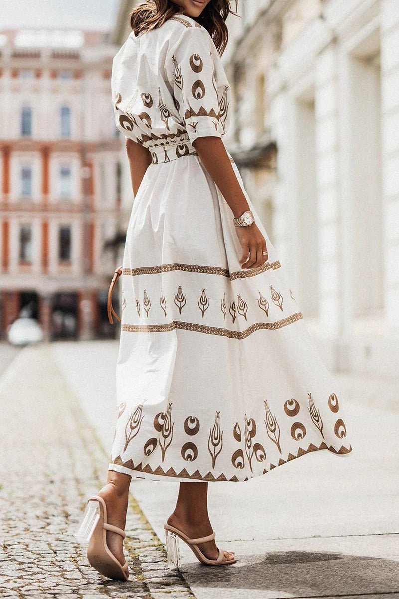Fashionable women's belted midi dress with geometric print, versatile style for elegant parties & sophisticated day wear.