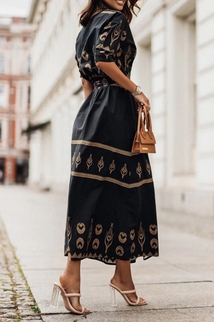 Sophisticated geometric print midi cocktail dress for women, A-line cut, belted, perfect for elegant party & evening wear.
