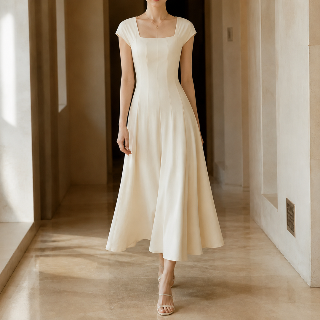 Sophisticated square neck A-line midi dress, perfect as a wedding guest or cocktail dress.