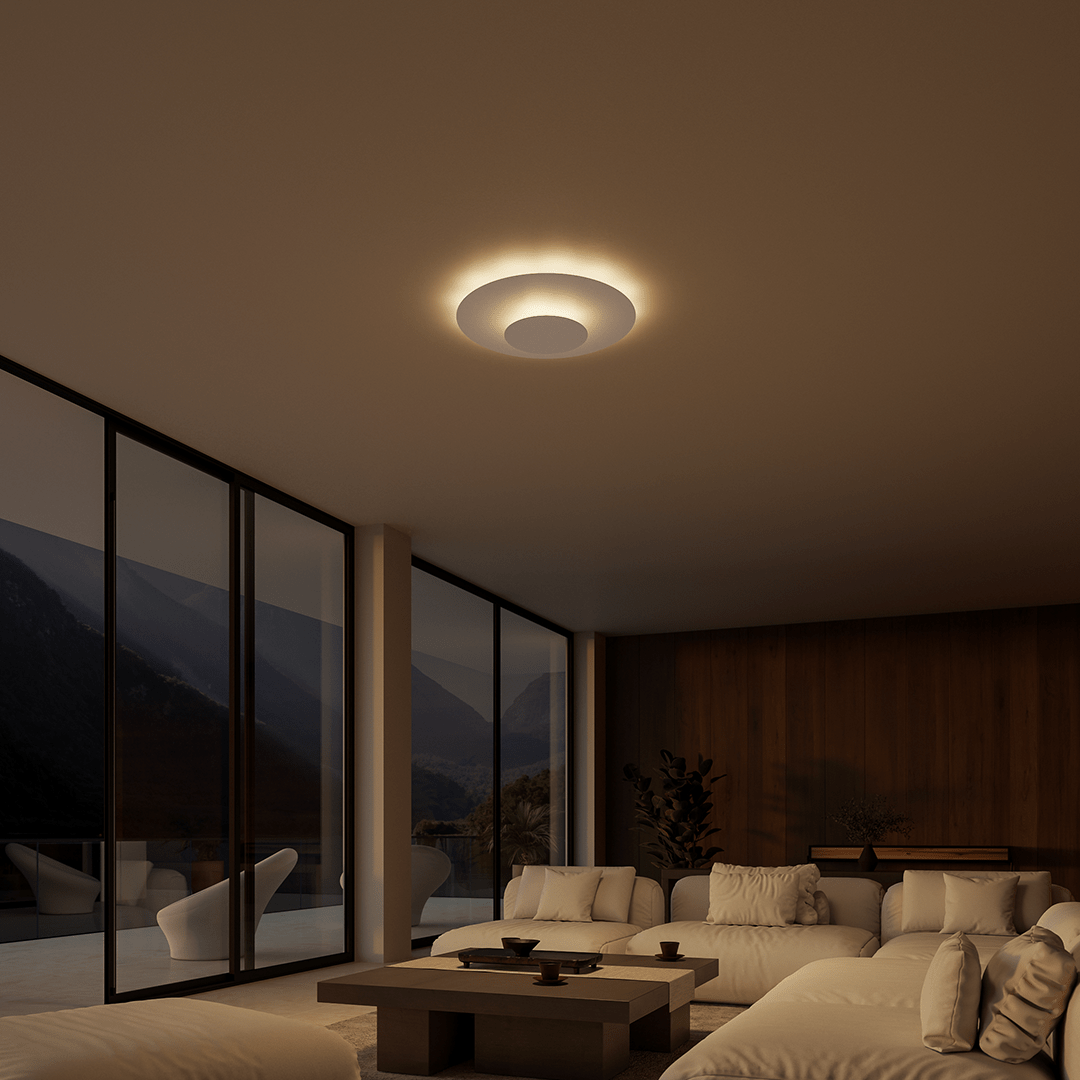 Dimmable round LED flush mount light, versatile for various home lighting needs.