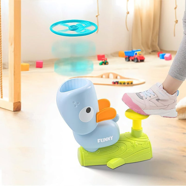 Children's battery-free flying disc launcher for active indoor and outdoor play. Great gift for kids.