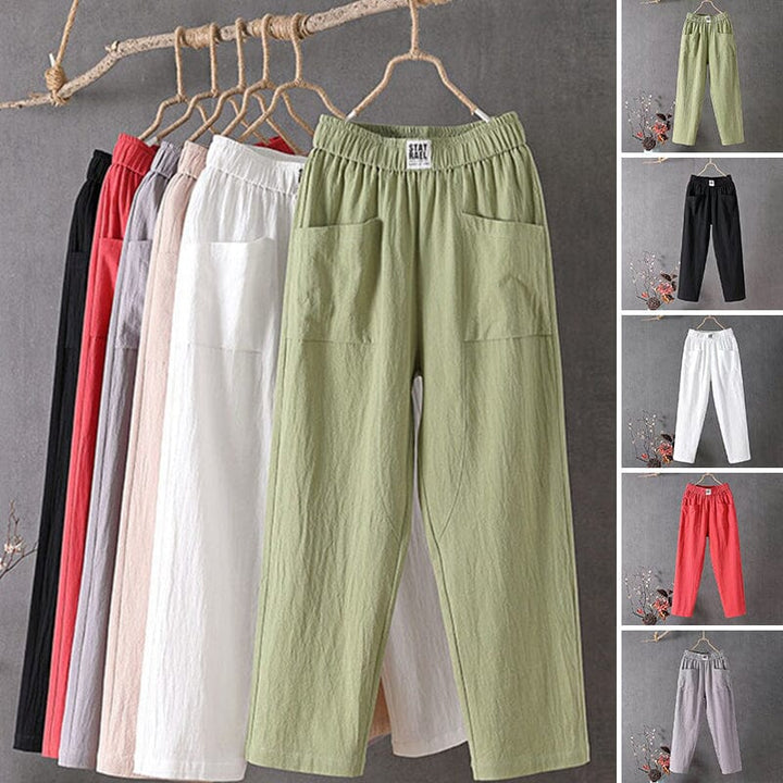 Women's classic linen blend casual wide-leg trousers with elastic waist and pockets, perfect for summer comfort.