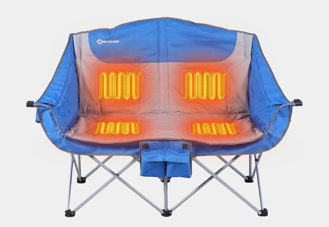 Heated double camping chair for couples. Perfect for chilly outdoor events, camping, festivals, and tailgating.