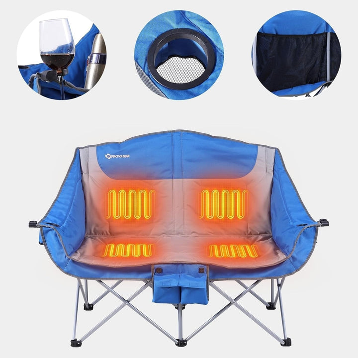 Portable collapsible double heated camping chair. Easy to transport for festivals, camping, sports, or picnics.