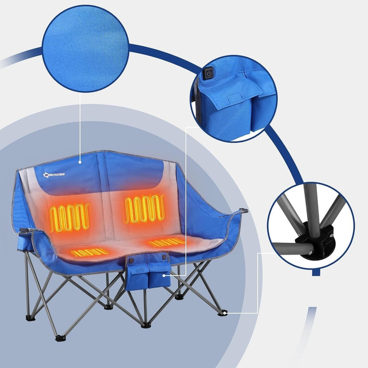 Rechargeable heated double folding chair. Ideal for tailgating, festivals, sports events & camping trips.