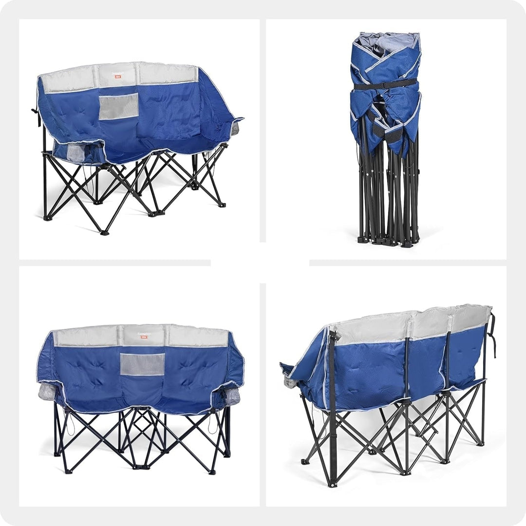 Cozy heated double chair for couples. Offers warmth & comfort on camping trips, outdoor concerts, or patio.