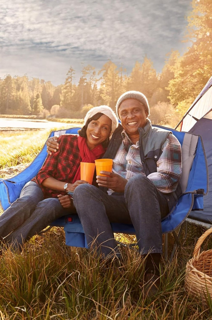 Durable black heated double collapsible camping chair with armrests. Perfect for comfortable outdoor seating.