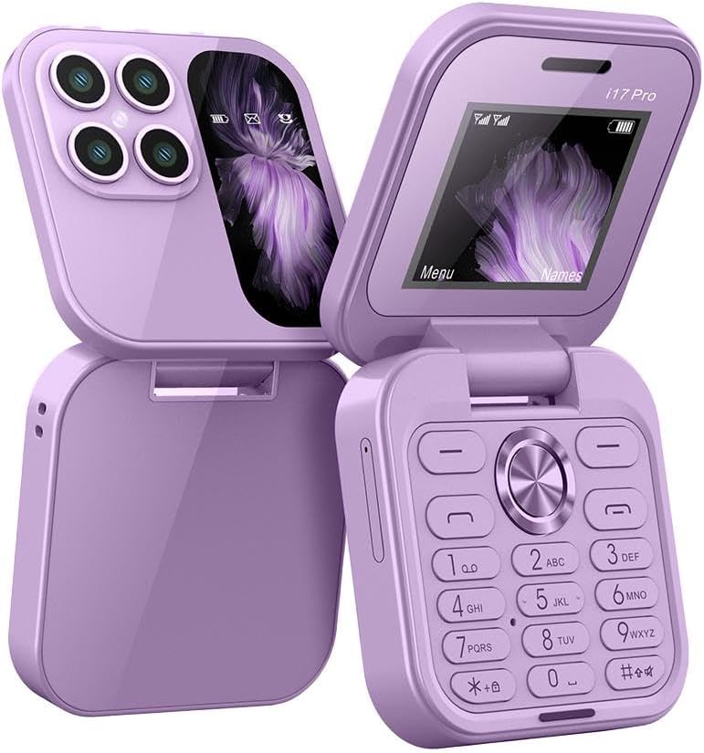Portable unisex mini phone, perfect for travel. A sleek, foldable feature phone with basic camera.