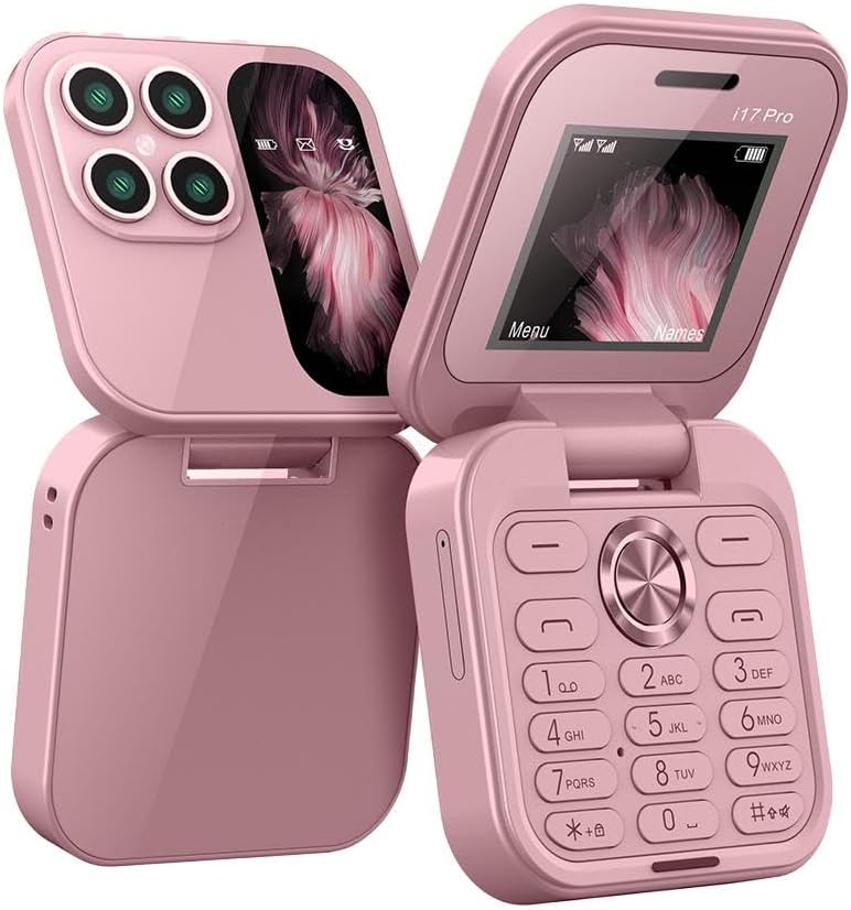 Small foldable mobile phone displayed, emphasizing its compact size. A mini portable travel phone.