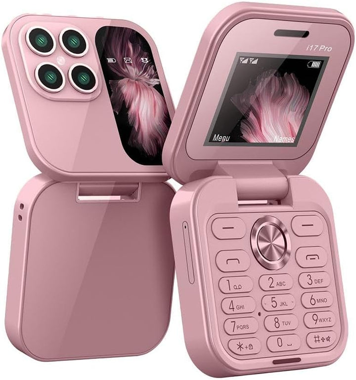 Small foldable mobile phone displayed, emphasizing its compact size. A mini portable travel phone.