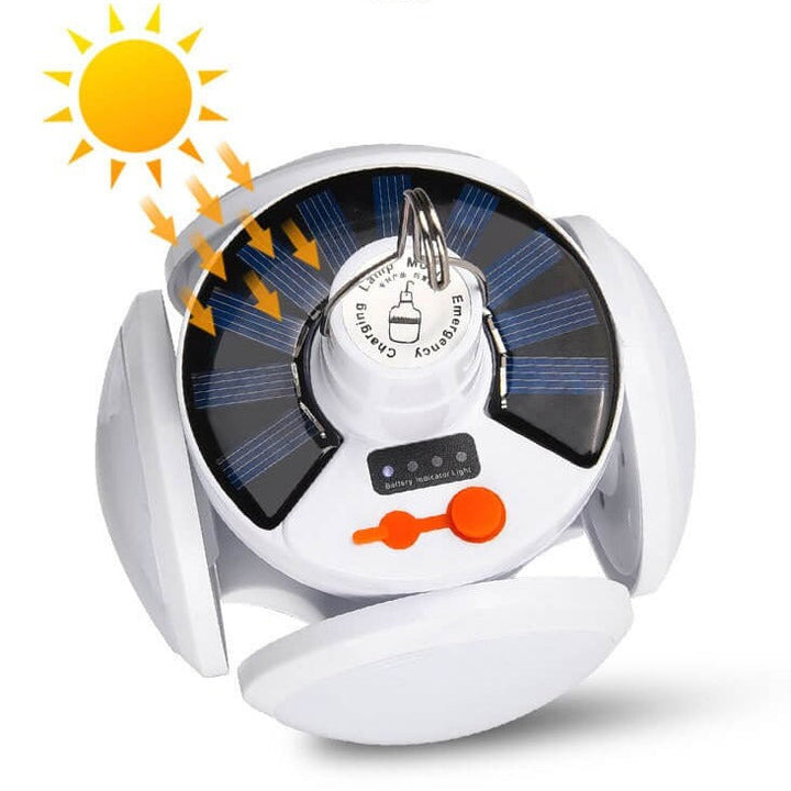 Compact solar LED camping light, foldable design for easy storage. Ideal for outdoor adventures & emergencies.