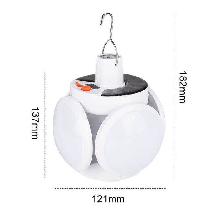 Versatile foldable solar LED camping bulb, portable and bright for all your outdoor and emergency needs.