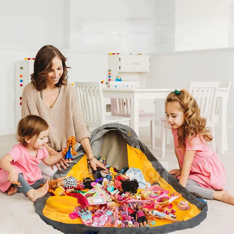 Children's large play mat that quickly folds into a round toy storage organizer for playroom.