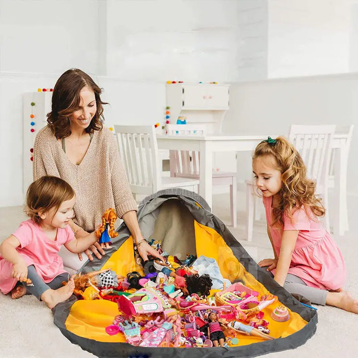 Children's large play mat that quickly folds into a round toy storage organizer for playroom.