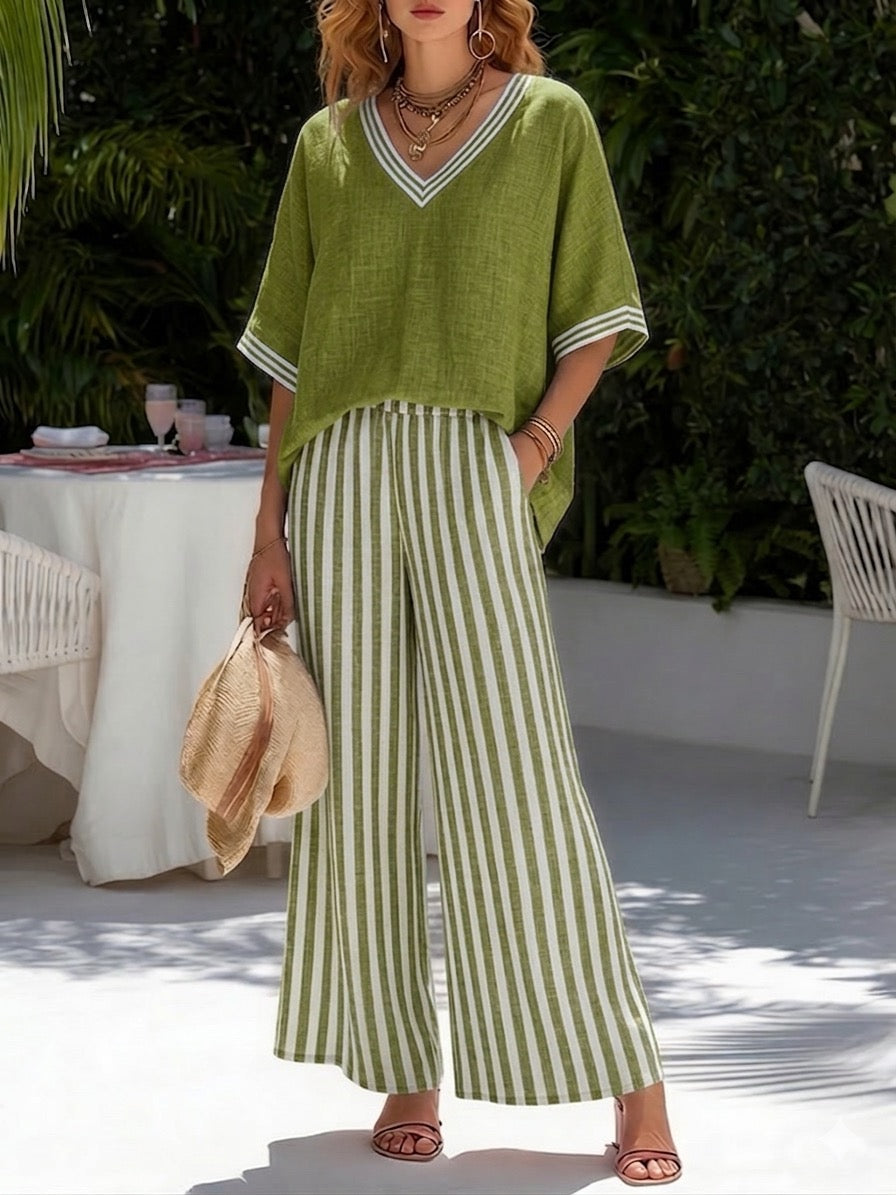 Effortless women's striped V-neck top & wide leg pants set, a chic casual outfit for spring and summer.