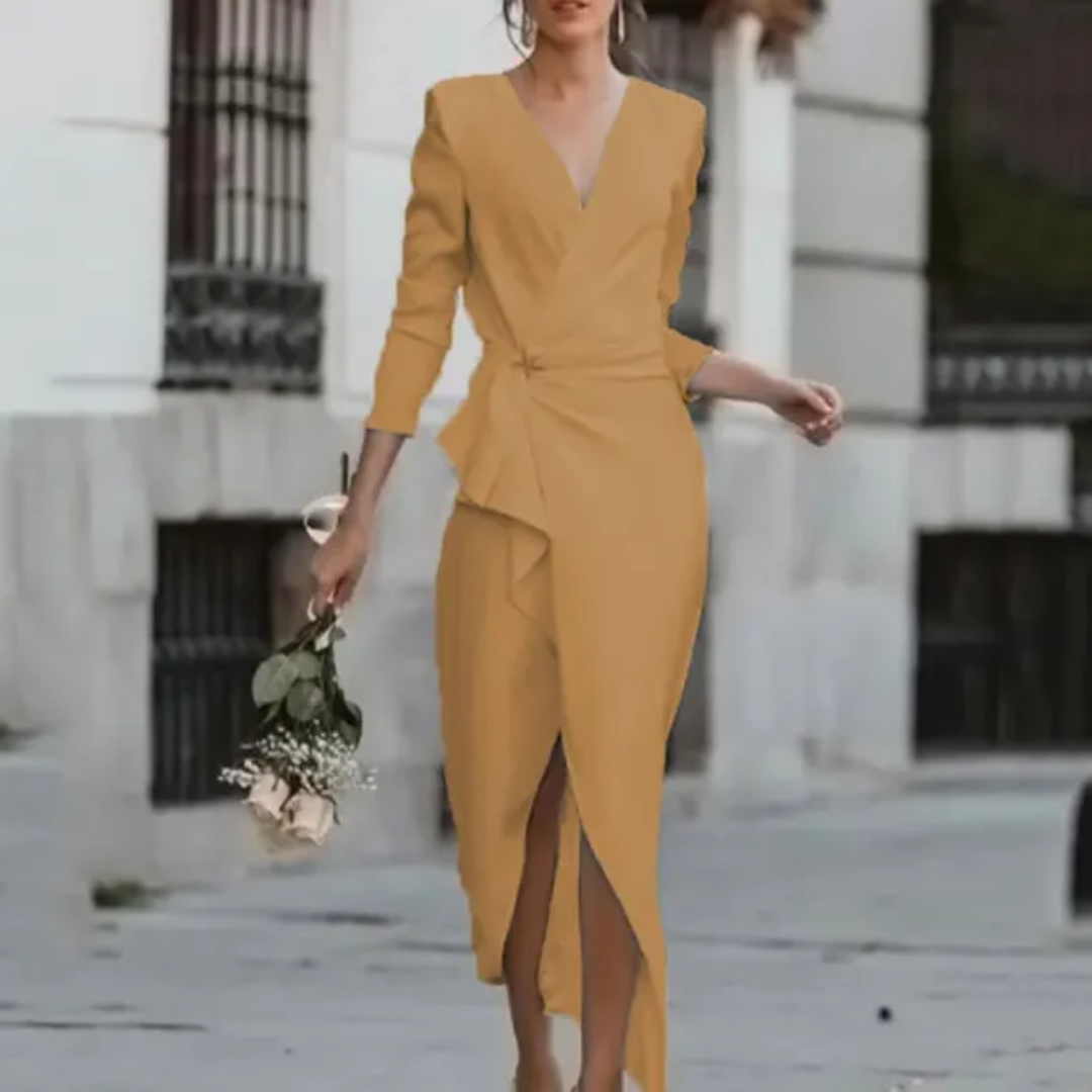 Flattering women's long sleeve wrap midi dress featuring an elegant draped silhouette, ideal for cocktail parties.