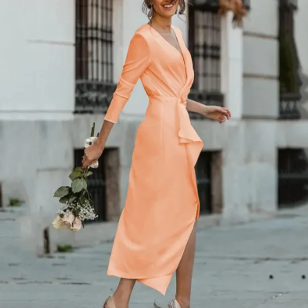Sophisticated women's elegant wrap midi dress with a flattering draped design, suitable for formal events.