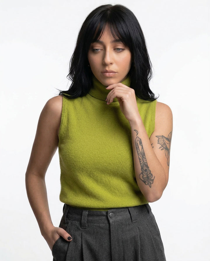 Chic women's turtleneck sleeveless tank top, perfect for layering or stand-alone elegance.