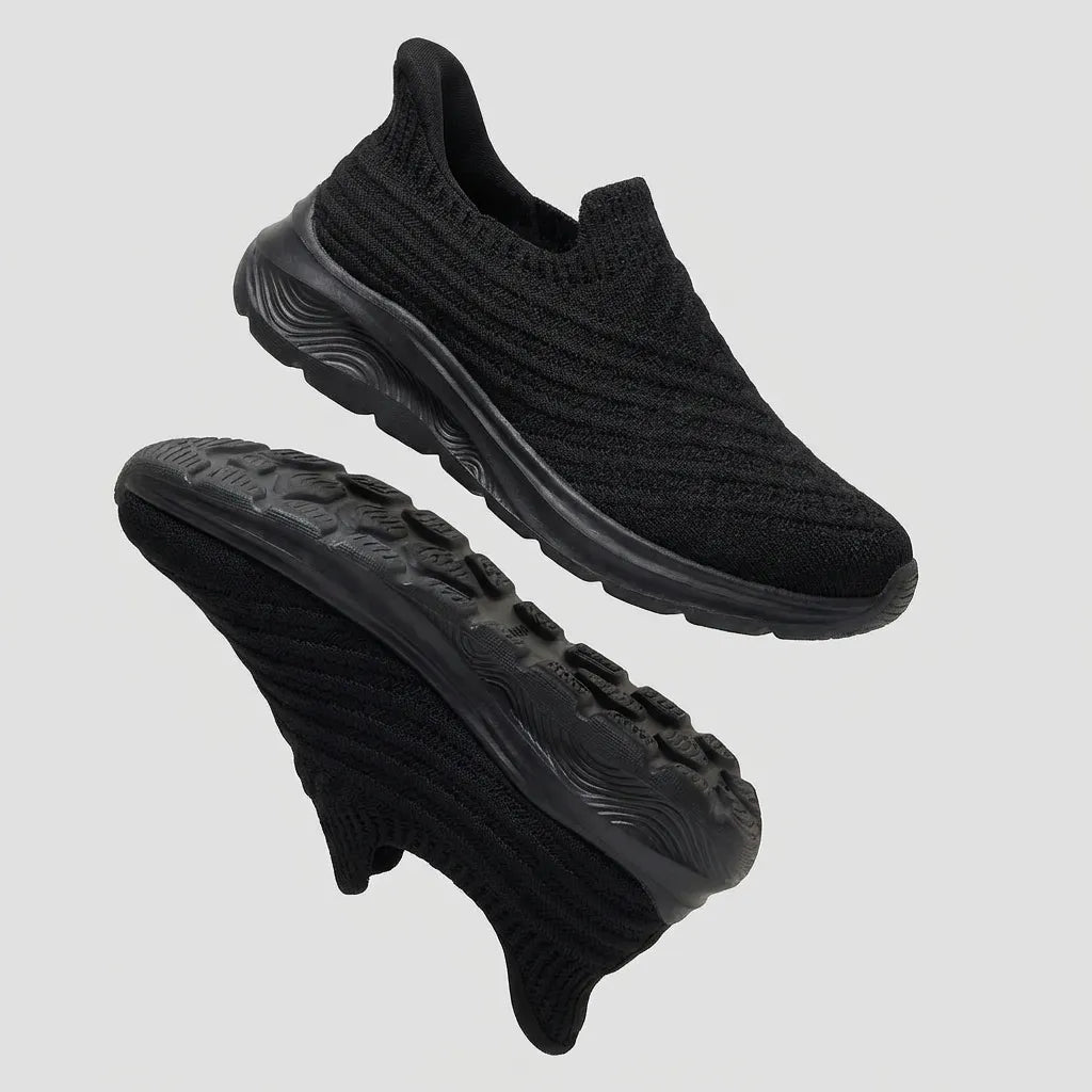 Ergonomic Ortho Glide work shoes, black, unisex, offering foot pain relief and support all day.