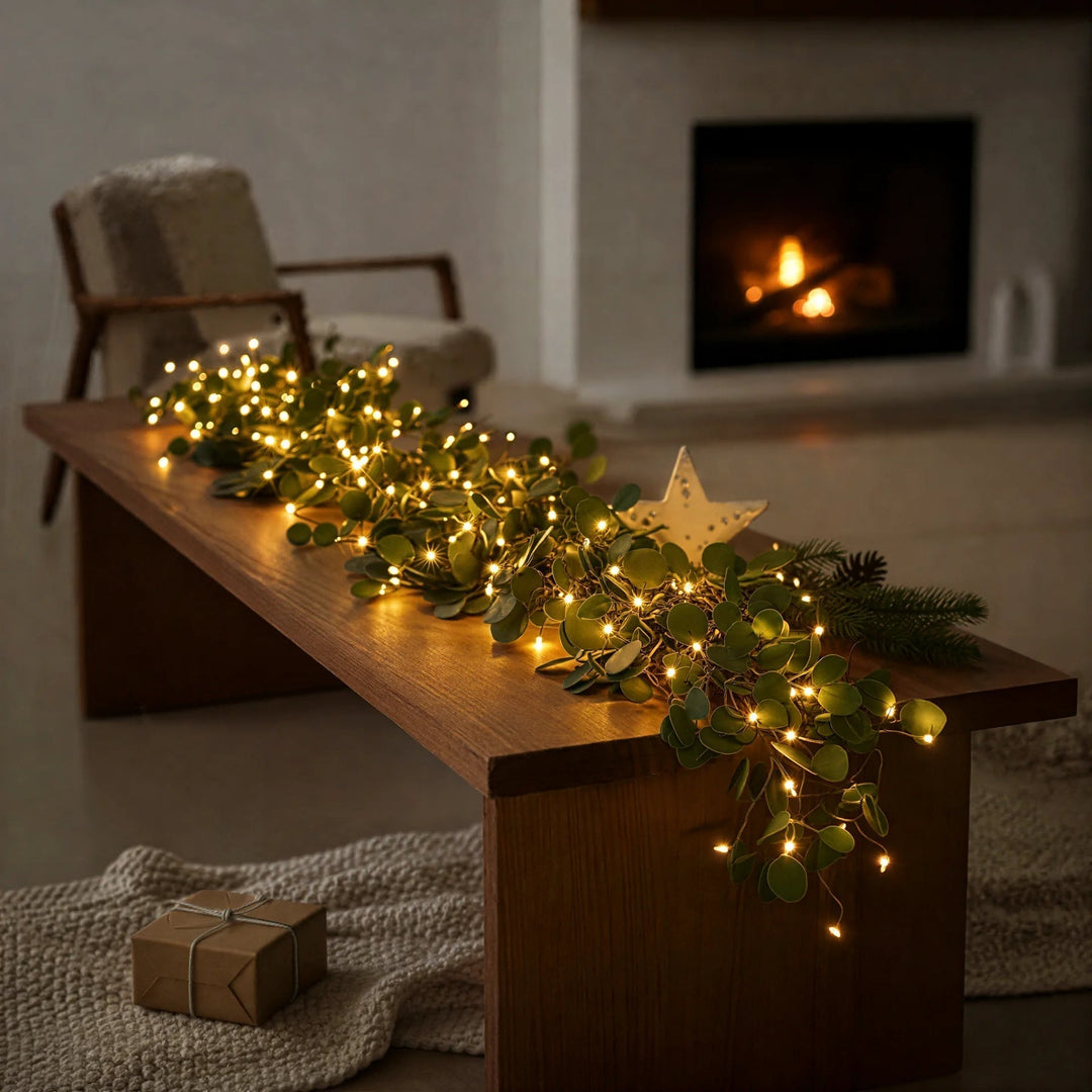 Close-up of enchanting LED olive branch lighting, adding a natural touch to indoor decor.