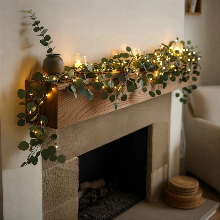 Vibrant LED olive branch lights, cordless design for versatile and enchanting indoor illumination.