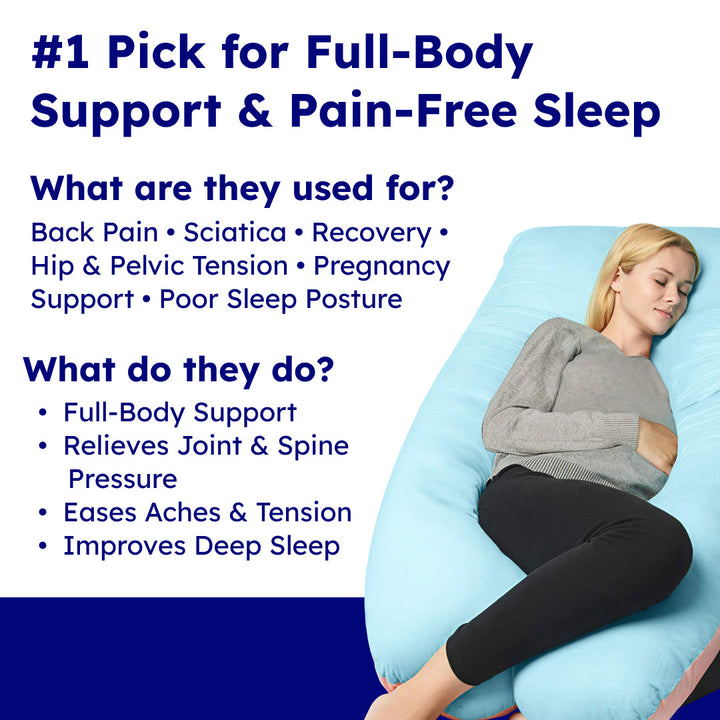 Plush full body comfort pillow, an essential sleep aid for pregnancy & pain management.