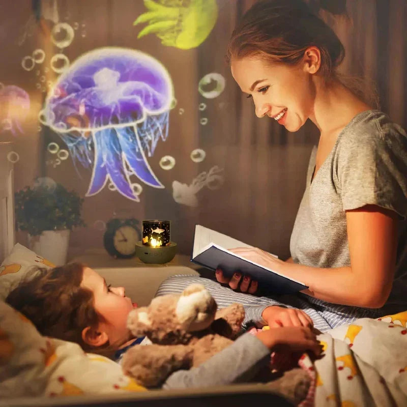 Advanced galaxy star projector night light casting rotating nebula & stars, enhancing room decor ambiance.