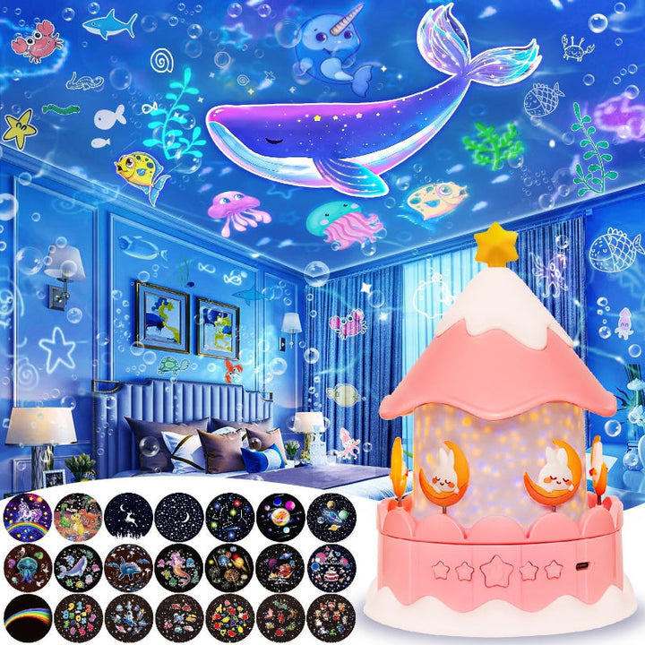 Rotating galaxy projector night light casting dynamic stars & nebula for relaxing mood lighting ambiance.