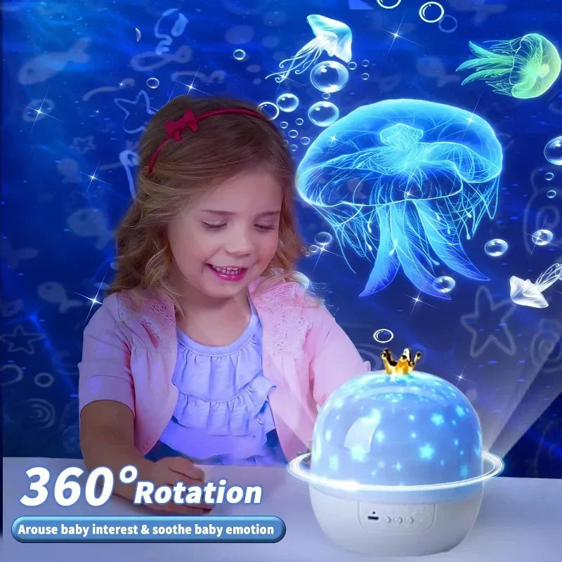 Stylish galaxy projector night light enhancing room decor with customizable starry ambiance & mood lighting.