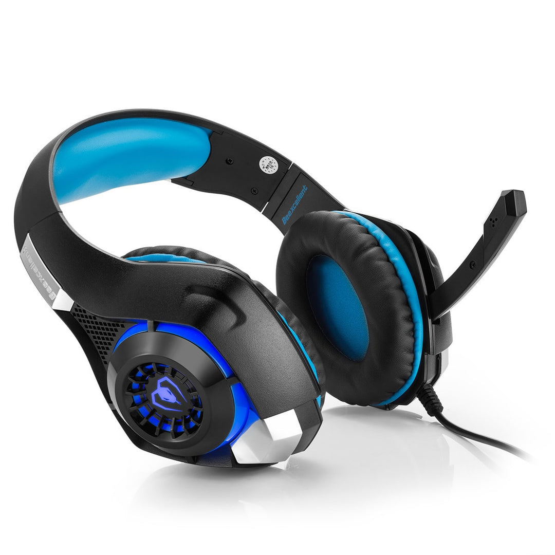Gamer wearing a wired headset with LED lights, experiencing immersive stereo sound for esports.