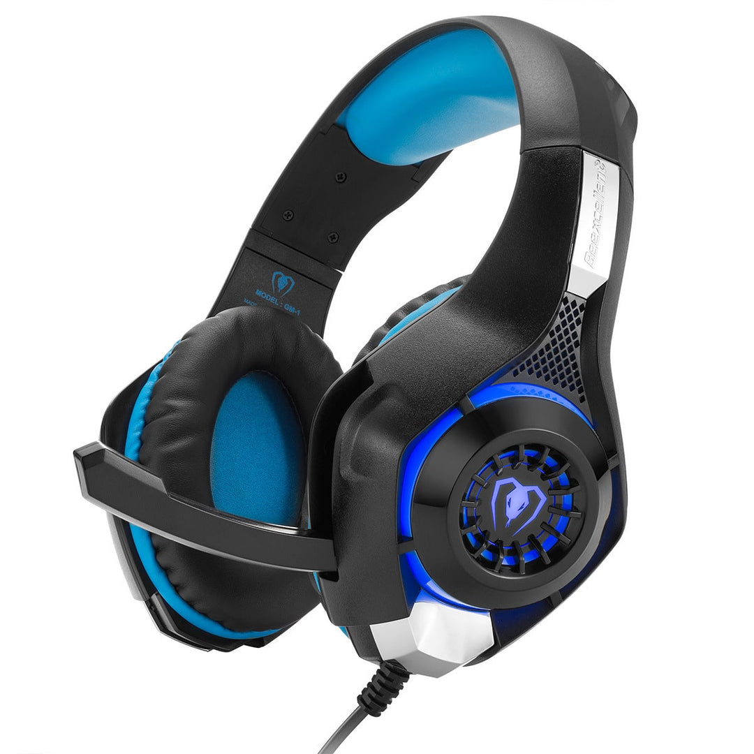 White wired gaming headset with vibrant LED lights, over-ear design & clear microphone for PC/PS4.