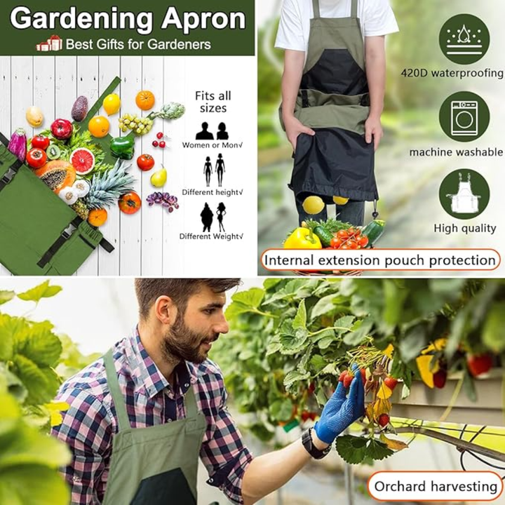 Green unisex garden apron keeps gardening tools and accessories organized. Durable utility apron for all your outdoor work.