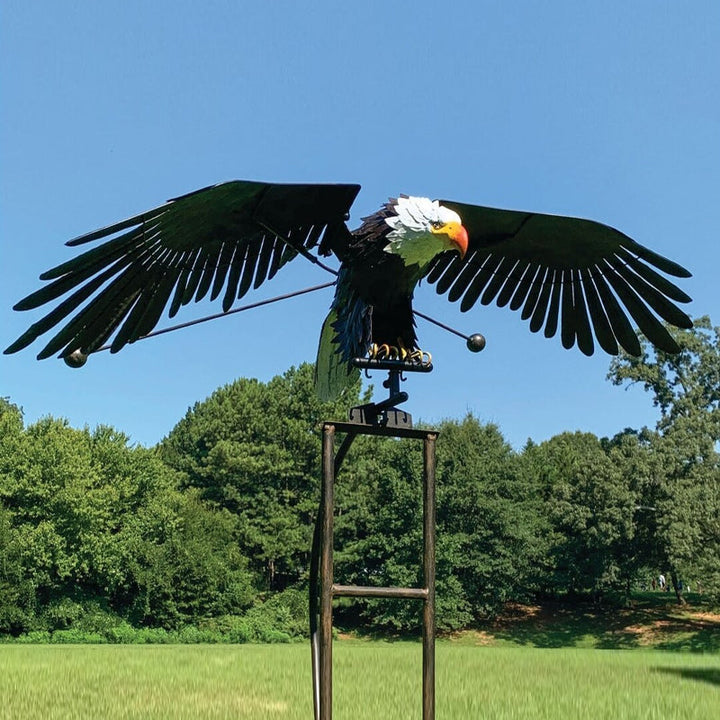 Colorful bird wind spinner, metal garden decor sculpture for outdoor yard art & patio accent.