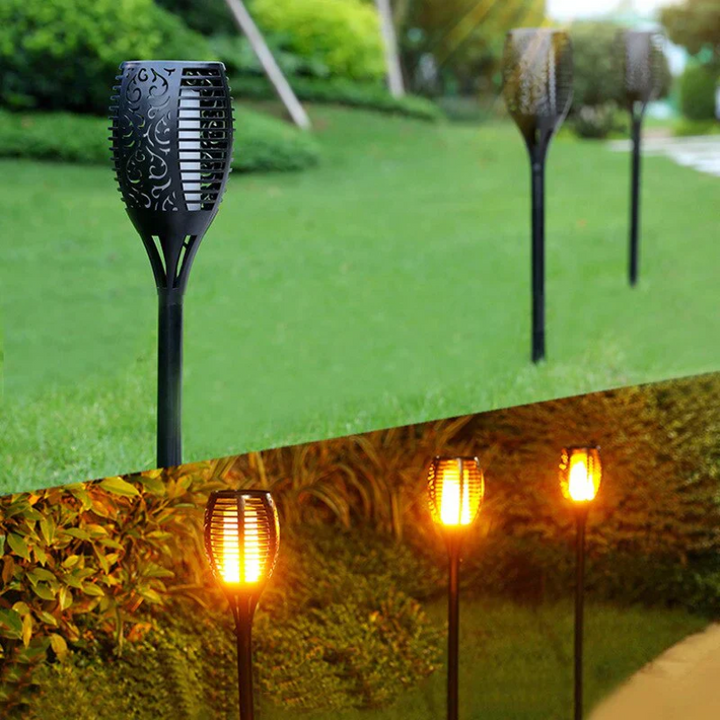 Solar LED garden torch with flickering flame effect, perfect for ambient outdoor and patio lighting. Energy-efficient & waterproof.