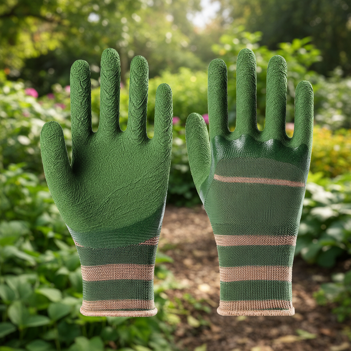Unisex lightweight breathable gardening gloves for garden protection, yard work, planting, & pruning. Latex coated.