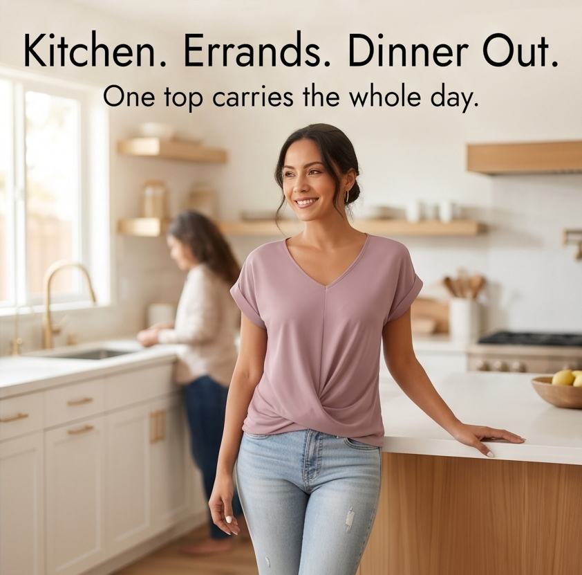 Elegant women's v-neck top, cap sleeves, and a distinctive twist front design. Versatile.