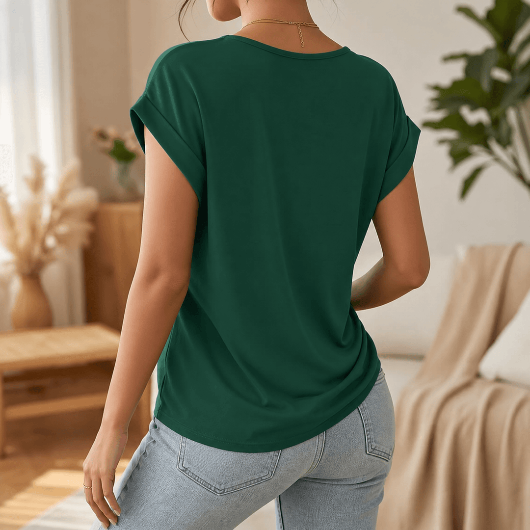 Comfortable women's top with v-neck, cap sleeves, and a stylish twist front. Perfect daily wear.