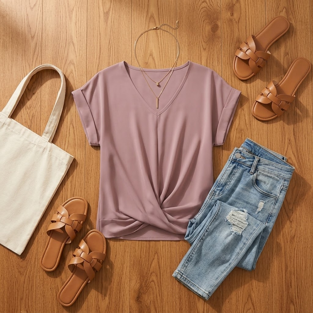 Stylish women's top featuring a flattering v-neck, cap sleeves, & chic twist front detail.