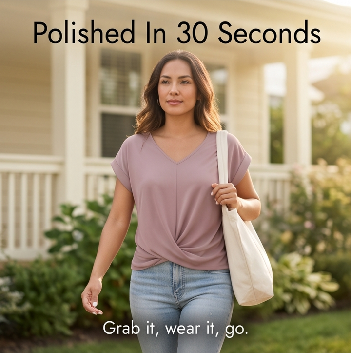 Everyday wear women's top: Comfortable cap sleeve, v-neck, & elegant twist front design.