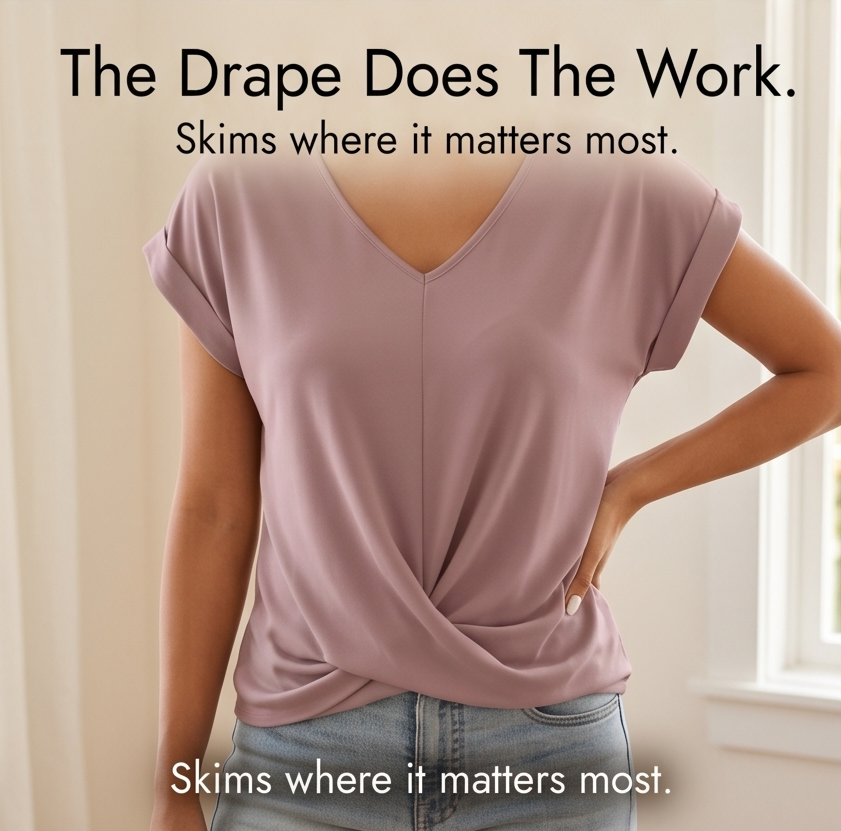 Women's casual twist front top with v-neck and cap sleeves. Chic, comfortable, & easy to wear.
