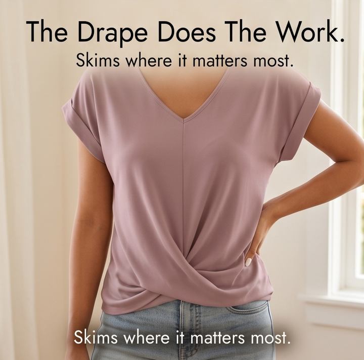 Women's casual twist front top with v-neck and cap sleeves. Chic, comfortable, & easy to wear.