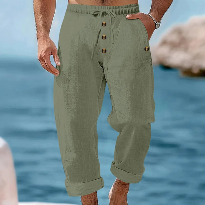 Men's Effortless Drawstring Linen Cargo Pants for comfortable summer style and everyday wear.