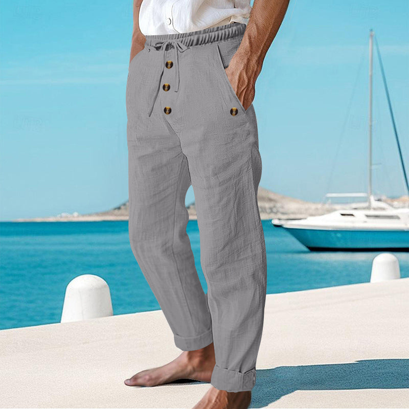 Breathable men's linen drawstring cargo pants, perfect for everyday comfort, summer travel, and casual wear.