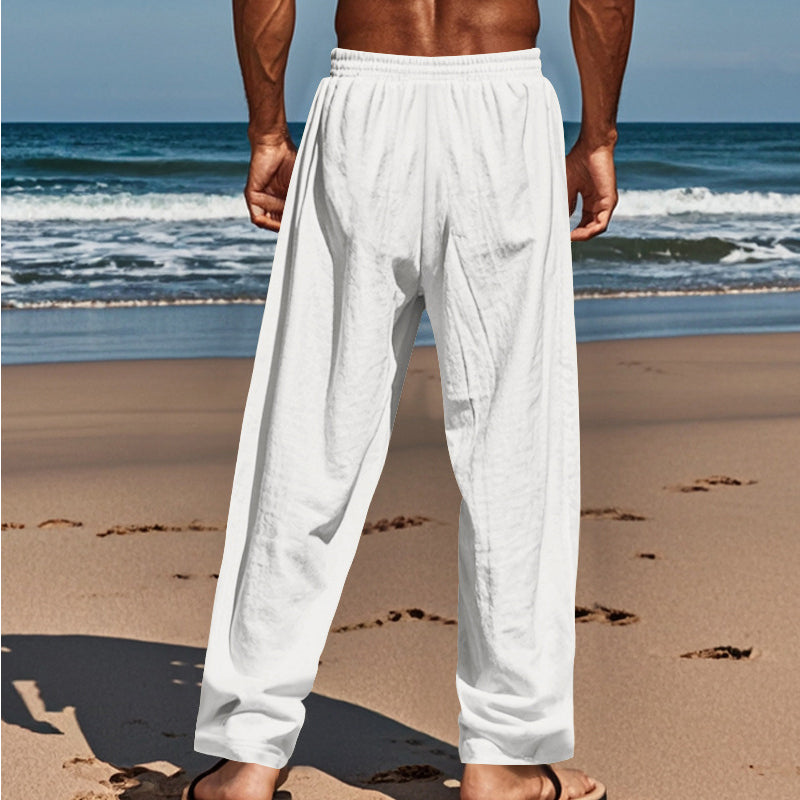 Close-up: Adjustable drawstring waist on men's effortless linen cargo pants, ideal for summer comfort.