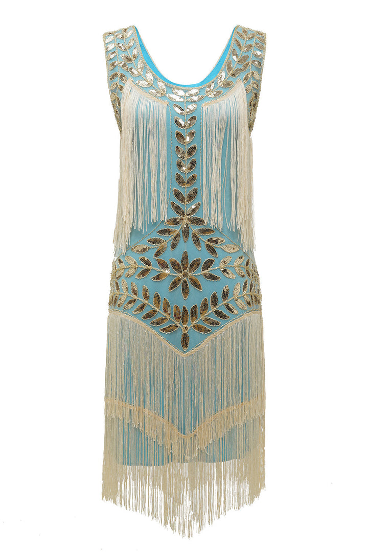 Elegant women's 1920s cocktail flapper dress, perfect for a vintage-themed event.