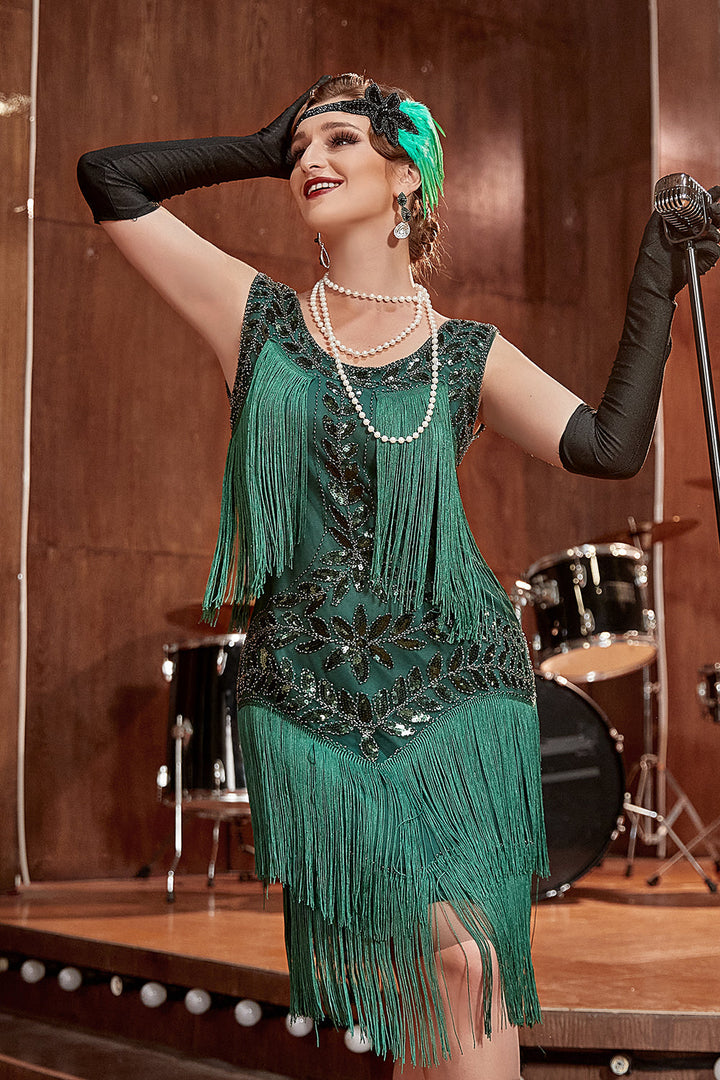 Dazzling 1920s flapper dress, a formal gown for women, with sequin and pearl detailing.