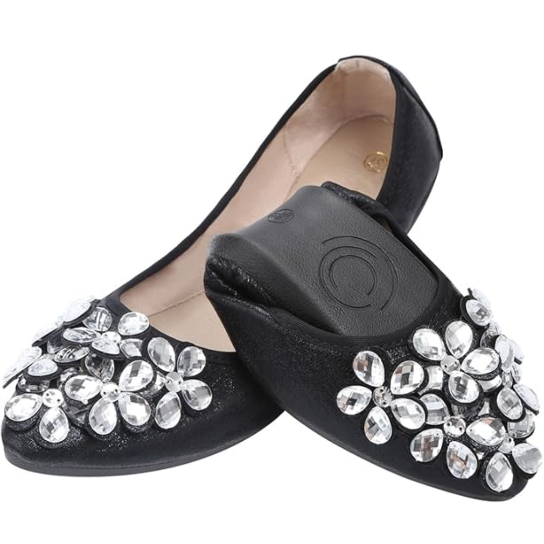 Stylish women's glitter ballet flats, comfortable rhinestone slip-ons for travel & daily wear.