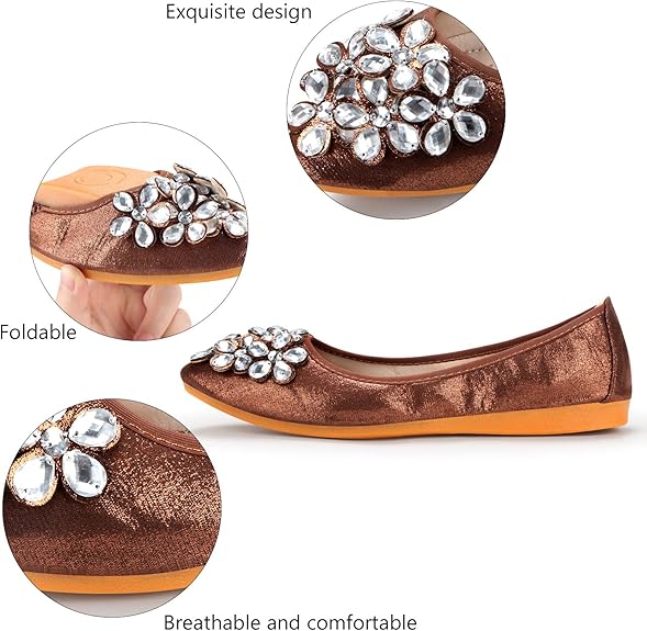 Comfy women's travel ballerina flats with sparkling rhinestones, easily foldable.