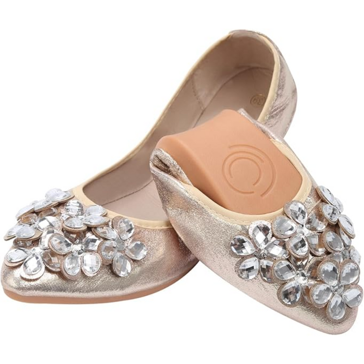 Travel-friendly women's foldable ballerina flats with glittering rhinestones, ultimate comfort.